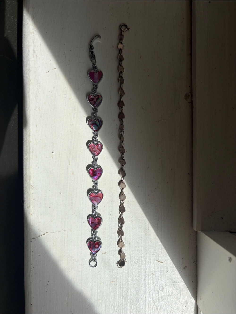 Silver Heart Link Bracelet with Pink Heart Inlays